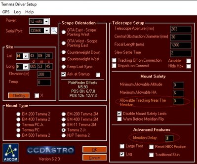 Configuration du driver ASCOM pour ne pas gérer le retournement au méridien.